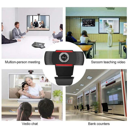USB Webcam with Built-in Microphone for Video Calls and Meetings showing conference, classroom, video chat, and bank counter uses