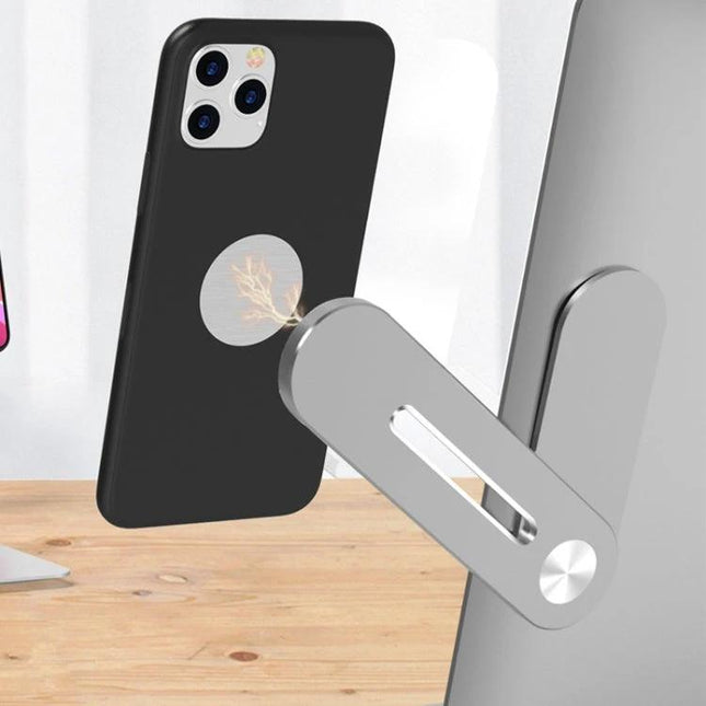 Aluminum Alloy Magnetic Suction Phone Bracket for Laptops, Silver — sleek magnetic laptop phone mount showing phone attached to monitor arm