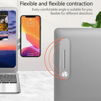 Aluminum Alloy Magnetic Suction Phone Bracket for Laptops, Silver mounted on laptop side creating dual-screen viewing