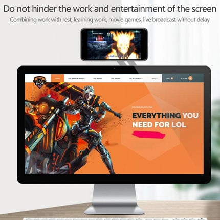Aluminum Alloy Magnetic Suction Phone Bracket for Laptops, Silver mounted above monitor creating dual-screen setup for gaming and work