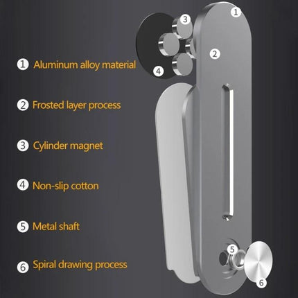 Aluminum Alloy Magnetic Suction Phone Bracket for Laptops, Silver - exploded view showing aluminum alloy material, frosted layer, cylinder magnet, non-slip cotton, metal shaft, spiral drawing process
