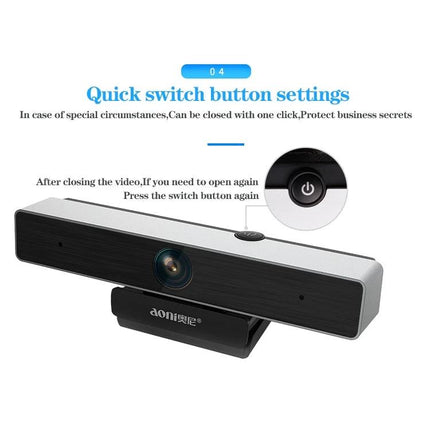 Aoni C90 HD Webcam for Business Video Calls with Microphone showing quick switch button and built-in omnidirectional mic