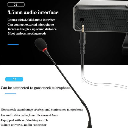 Aoni C90 HD Webcam for Business Video Calls with Microphone showing 3.5mm audio interface and gooseneck external mic connection