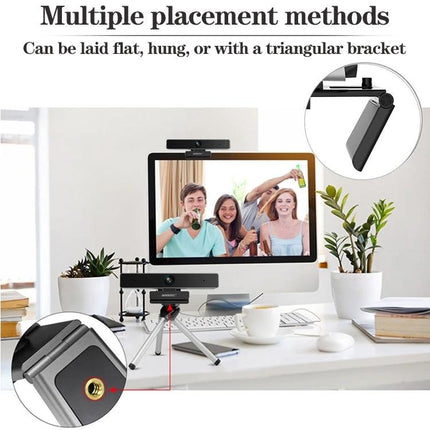 Aoni C90 HD Webcam for Business Video Calls with Microphone mounted on monitor and tripod showing clear 1080p video and omnidirectional mic