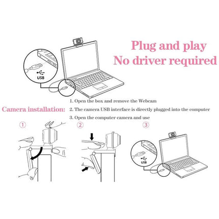 Aoni C90 HD Webcam for Business Video Calls with Microphone - plug and play USB installation diagram showing webcam mounted on laptop