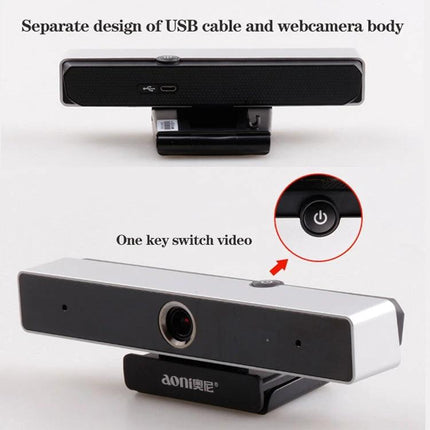 Aoni C90 HD Webcam for Business Video Calls with Microphone showing front camera, built-in omnidirectional mic, one-key power switch and USB cable design