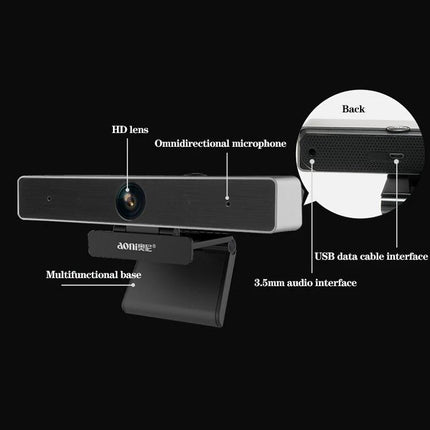 Aoni C90 HD Webcam for Business Video Calls with Microphone showing HD lens, omnidirectional mic, multifunctional base and USB/audio interfaces