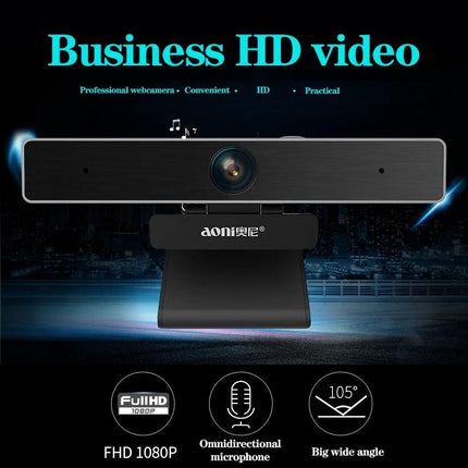 Aoni C90 HD Webcam for Business Video Calls with Microphone showing 1080p camera, omnidirectional mic and wide 105° angle for professional meetings
