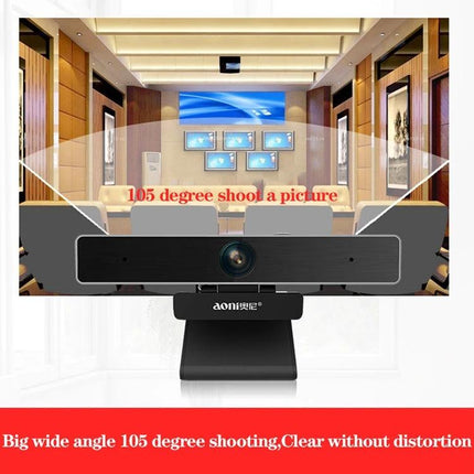 Aoni C90 HD Webcam for Business Video Calls with Microphone showing 105° wide-angle view and built-in omnidirectional mic for clear meetings