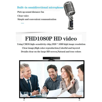 Aoni C90 HD Webcam for Business Video Calls with Microphone showing FHD1080P video, omnidirectional mic, and business meeting on screen