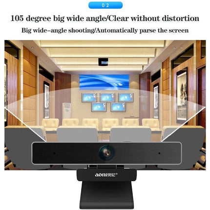 Aoni C90 HD Webcam for Business Video Calls with Microphone showing 105° wide-angle in a conference room setting