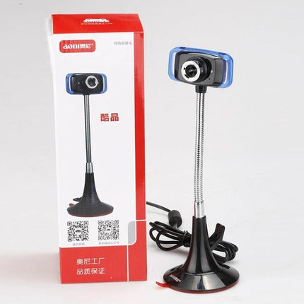 Aoni Kujing HD Vertical Business Webcam with Microphone on flexible stand and USB cable shown next to product box