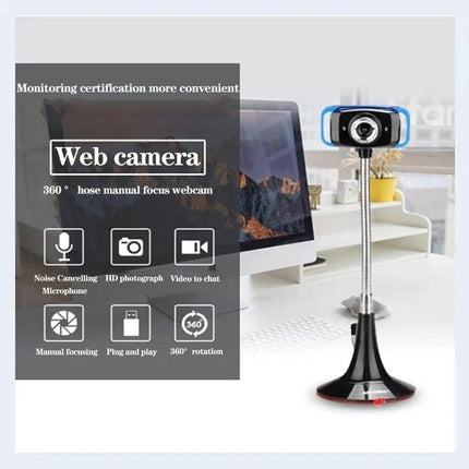 Aoni Kujing HD Vertical Business Webcam with Microphone on flexible stand next to computer showing HD video, noise cancelling mic, manual focus and 360° rotation