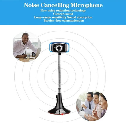 Aoni Kujing HD Vertical Business Webcam with Microphone on flexible stand showing noise cancelling mic for clear video calls in bank or hotel settings
