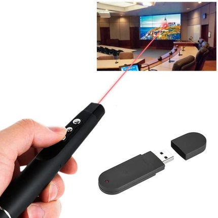 Wireless Laser Pointer and Page Turner for Presentations with USB receiver shown pointing at conference screen