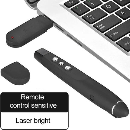 Wireless Laser Pointer and Page Turner for Presentations with USB receiver plugged into laptop, black ergonomic remote and cover, 30m range