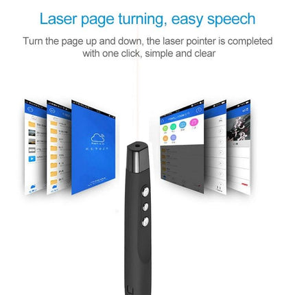 Wireless Laser Pointer and Page Turner for Presentations shown with USB receiver and slide previews, ergonomic black handheld remote for advancing slides up to 30m