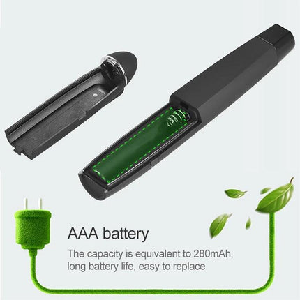 Wireless Laser Pointer and Page Turner for Presentations showing open battery compartment with AAA battery slot and USB receiver
