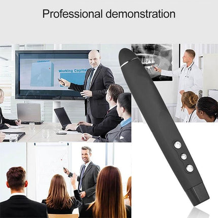 Wireless Laser Pointer and Page Turner for Presentations showing black presenter device with USB receiver and classroom/meeting demo
