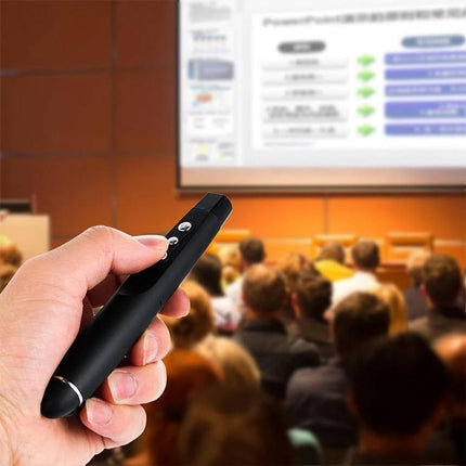Wireless Laser Pointer and Page Turner for Presentations in hand pointing at conference screen, plug-and-play USB receiver, 30m range
