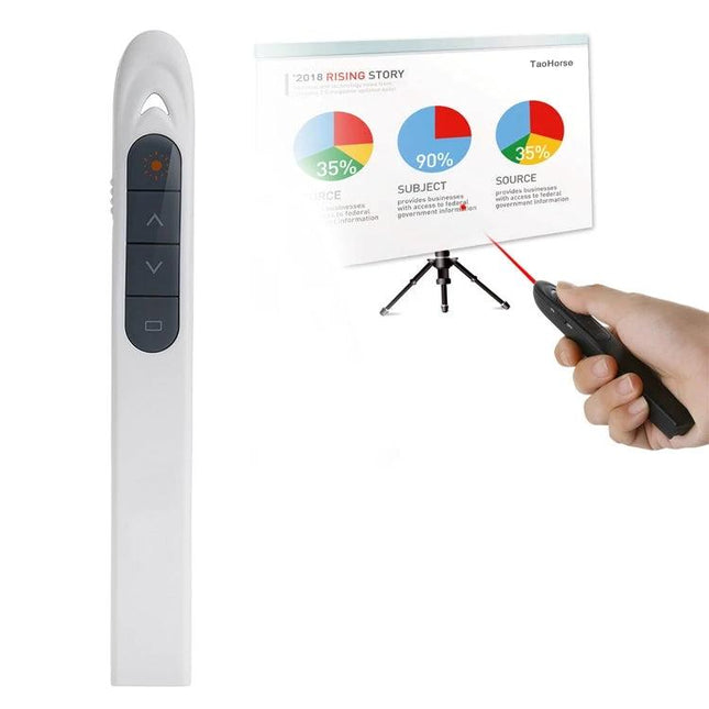 Wireless Laser Pointer and Page Turner for Presentations in use, handheld remote advancing slides and highlighting content