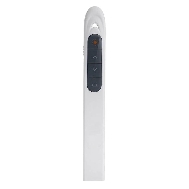 Wireless Laser Pointer and Page Turner for Presentations - white handheld presenter with up/down buttons and red laser indicator