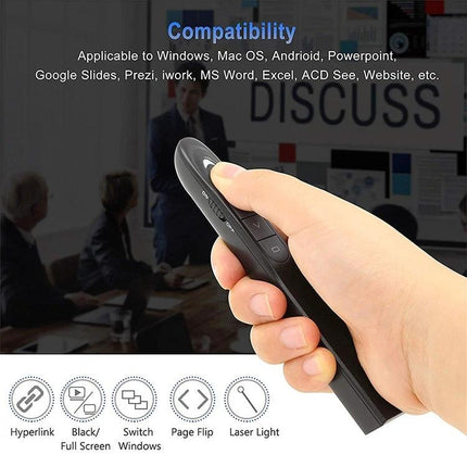 Wireless Laser Pointer and Page Turner for Presentations in hand pointing at screen, remote slide control up to 100m