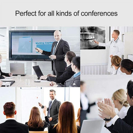 Wireless Laser Pointer and Page Turner for Presentations used by presenter advancing slides and highlighting content in a conference room up to 100m away.