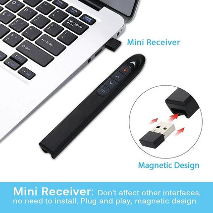 Wireless Laser Pointer and Page Turner for Presentations showing slim black presenter remote with USB mini receiver plugged into laptop, magnetic storage