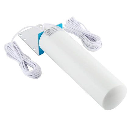 Omni-Directional External Barrel Antenna for 4G LTE WiFi Devices mounted white cylindrical antenna with mounting bracket and coax cables