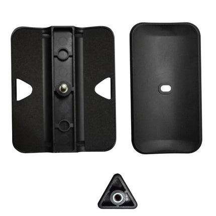 Portable Laptop Phone Holder for Multi-Screen Use shown disassembled with mounting plate, cradle and triangular screw adapter