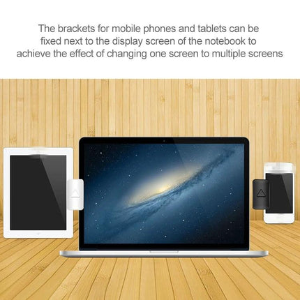 Portable Laptop Phone Holder for Multi-Screen Use showing laptop with tablet and phone mounted beside screen for ergonomic multi-screen setup