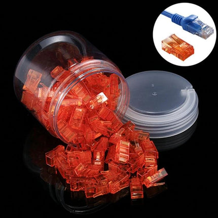 Anpwoo RJ45 Modular Plug Connectors for Ethernet Wiring, 100 Pack spilling orange RJ45 plugs from a jar with gold-plated contacts visible