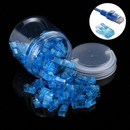 Anpwoo RJ45 Modular Plug Connectors for Ethernet Wiring, 100 Pack spilling blue RJ45 plugs in clear jar with close-up of gold-plated contact