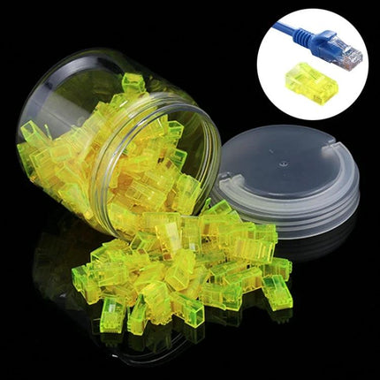 Anpwoo RJ45 Modular Plug Connectors for Ethernet Wiring, 100 Pack - clear yellow RJ45 plugs spilled from jar with cable example