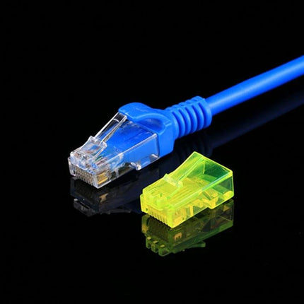 Anpwoo RJ45 Modular Plug Connectors for Ethernet Wiring, 100 Pack - clear RJ45 plug with blue cable and spare yellow connector on black background