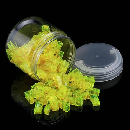 Anpwoo RJ45 Modular Plug Connectors for Ethernet Wiring, 100 Pack – clear plastic jar of neon yellow RJ45 connectors with gold-plated contacts