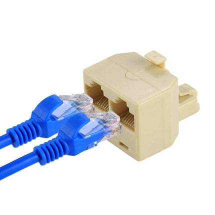 RJ45 Dual Port Ethernet Adapter for Sharing Network Connections - beige adapter with two blue Ethernet cables plugged in