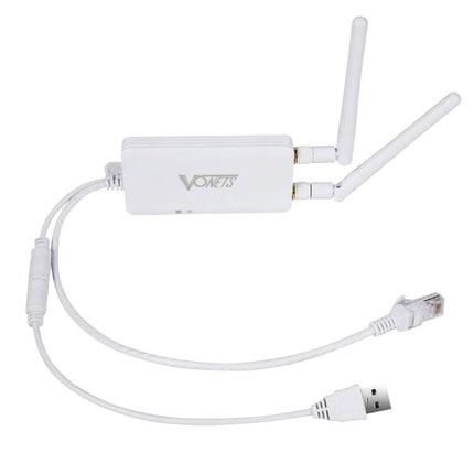 Vonets VAP11S Mini Wireless Bridge for Extending Networks - white 2.4G bridge with dual antennas, USB power and Ethernet cable for long-range connections