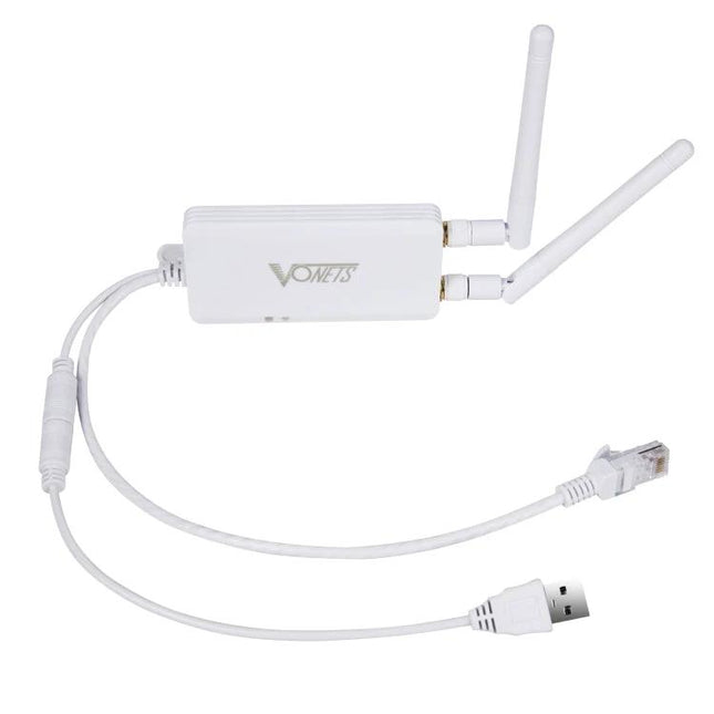 Vonets VAP11S Mini Wireless Bridge for Extending Networks - white 2.4G bridge with dual antennas, USB power and Ethernet cable for long-range connections