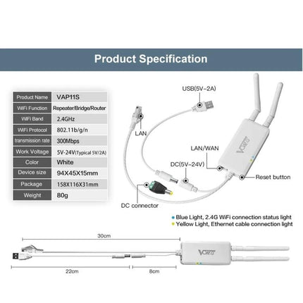 Vonets VAP11S Mini Wireless Bridge for Extending Networks compact white wireless bridge with dual antennas and cables, product specification diagram