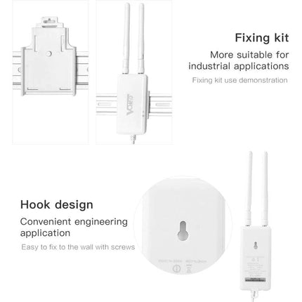 Vonets VAP11S Mini Wireless Bridge for Extending Networks - white unit with dual antennas mounted using fixing kit and hook design for industrial applications