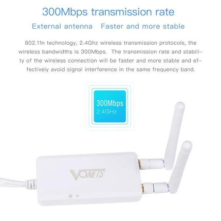 Vonets VAP11S Mini Wireless Bridge for Extending Networks showing 300Mbps 2.4GHz white unit with dual external antennas