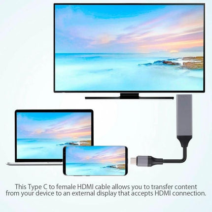 Cable for Connecting Devices to TVs in Daily Home Use — USB Type-C to HDMI cable showing phone, laptop, and TV for streaming and photo sharing