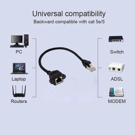 1 Meter RJ45 Male to Female Extension Cable for Network Use showing universal compatibility with PC, laptop, routers, switch, ADSL and modem