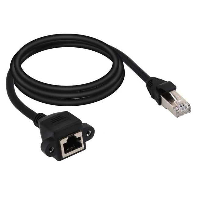 2 Meter RJ45 Cable for Extending Network Connections with male plug and female panel mount extender for home office and surveillance setups