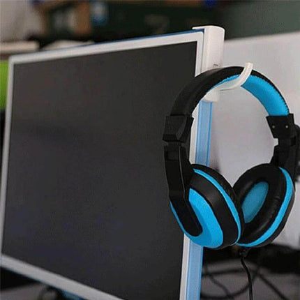 Universal Headphone Hanger For Desk And Monitor Mount holding blue gaming headphones on monitor to save desk space