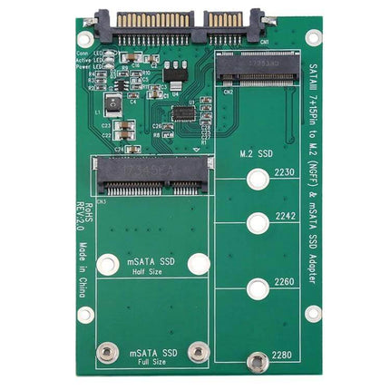M.2 NGFF and mSATA SSD Adapter for SATA III Connections in Computers green PCB adapter showing M.2 and mSATA slots