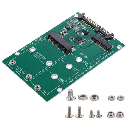 M.2 NGFF and mSATA SSD Adapter for SATA III Connections in Computers - green PCB adapter board with M.2 and mSATA connectors and mounting screws