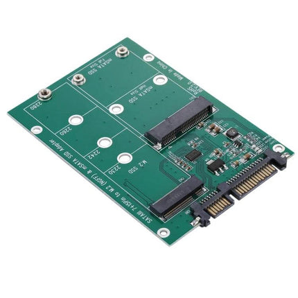M.2 NGFF and mSATA SSD Adapter for SATA III Connections in Computers green PCB adapter showing M.2 and mSATA slots and SATA III port